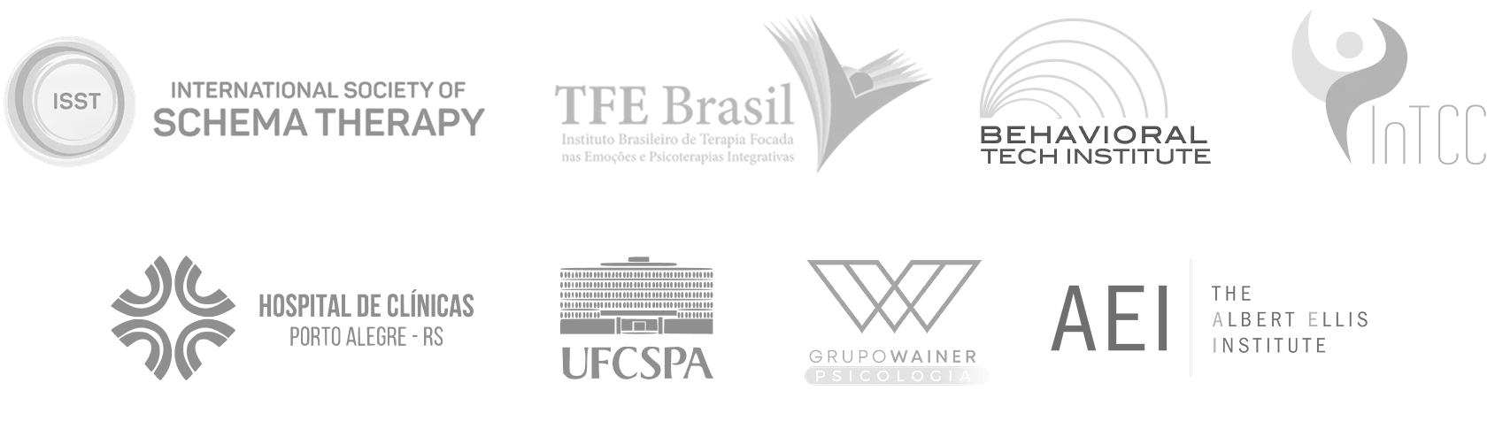 Logos de instituições: ISST, TFE Brasil, Behavioral Tech Institute, InTCC, Hospital de Clínicas de Porto Alegre, UFCSPA, Grupo Wainer e Albert Ellis Institute